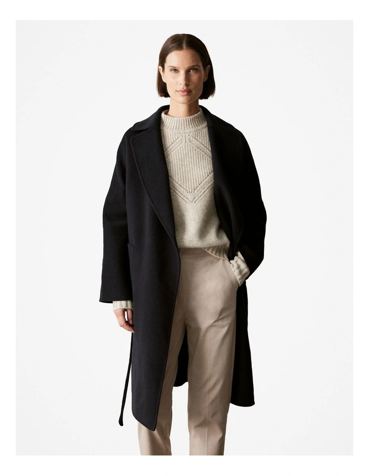 Double Faced Wool Belted Wrap Coat in Black