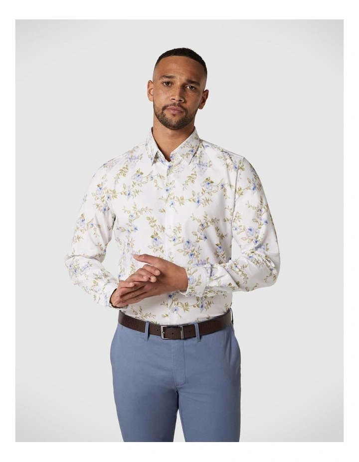 Slim Floral Print Long Sleeve Shirt in White