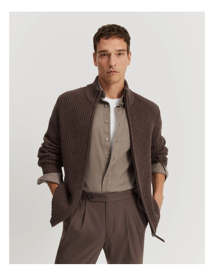Lambswool Zip Cardigan in Truffle