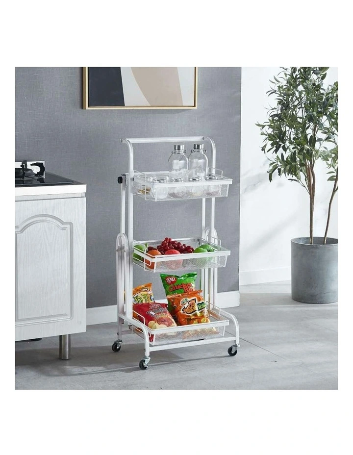 3 Tier Steel Adjustable Kitchen Storage Organizer with Wheels in White