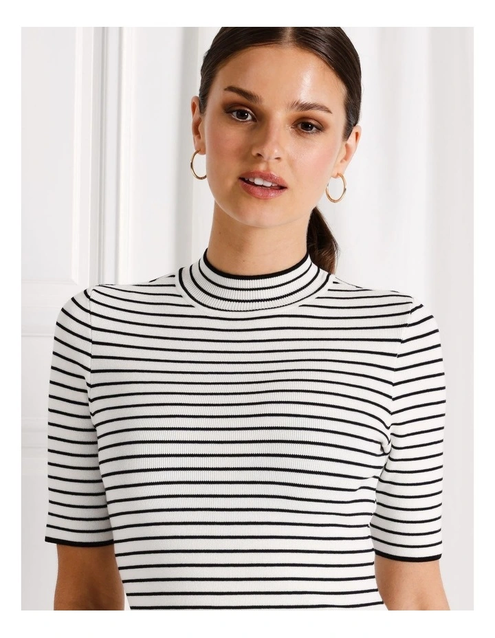 High Neck Short Sleeve Knit Top in White