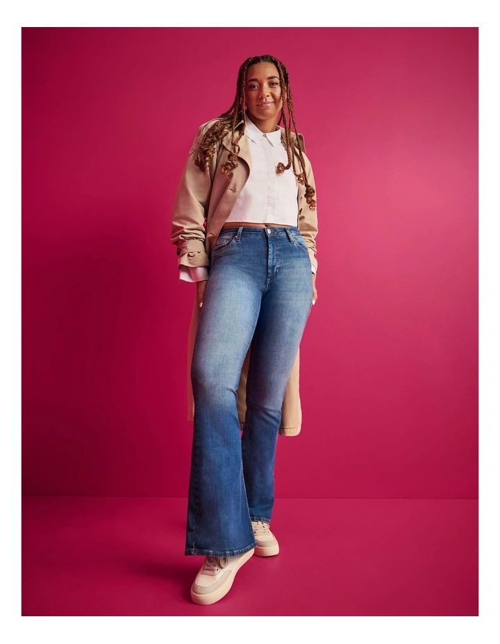 Hella High Waisted Flared Jeans in Medium Blue Denim