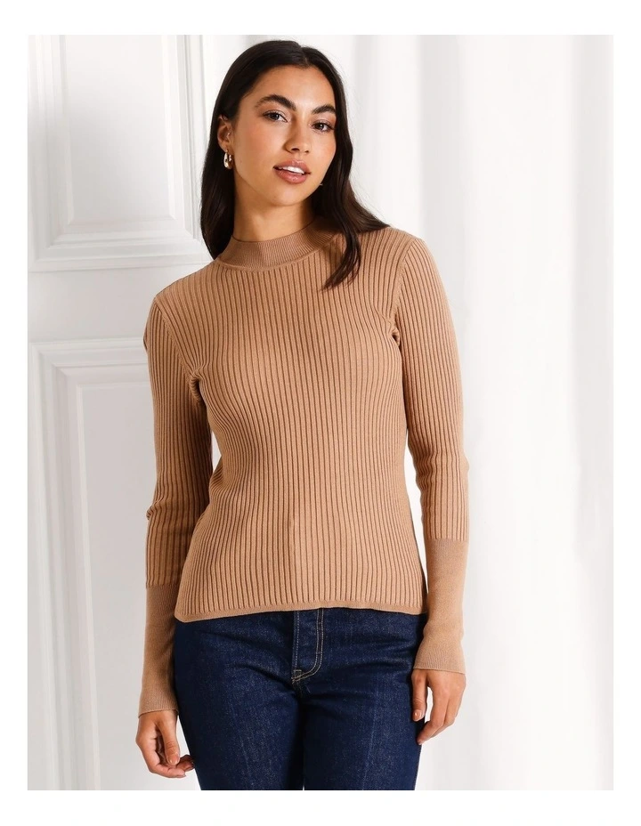 High Neck Long Sleeve Rib Knit Top in Camel