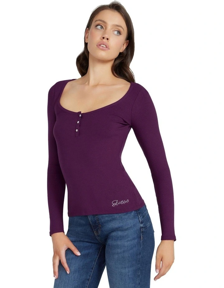 Long Sleeve Karlee Jewel Button Henley Top in Regal Violet