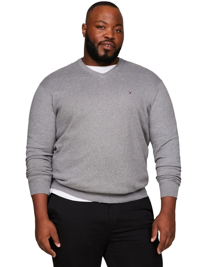 Big & Tall Pima Organic Cotton Cashmere V-Neck Knit in Medium Grey Heather