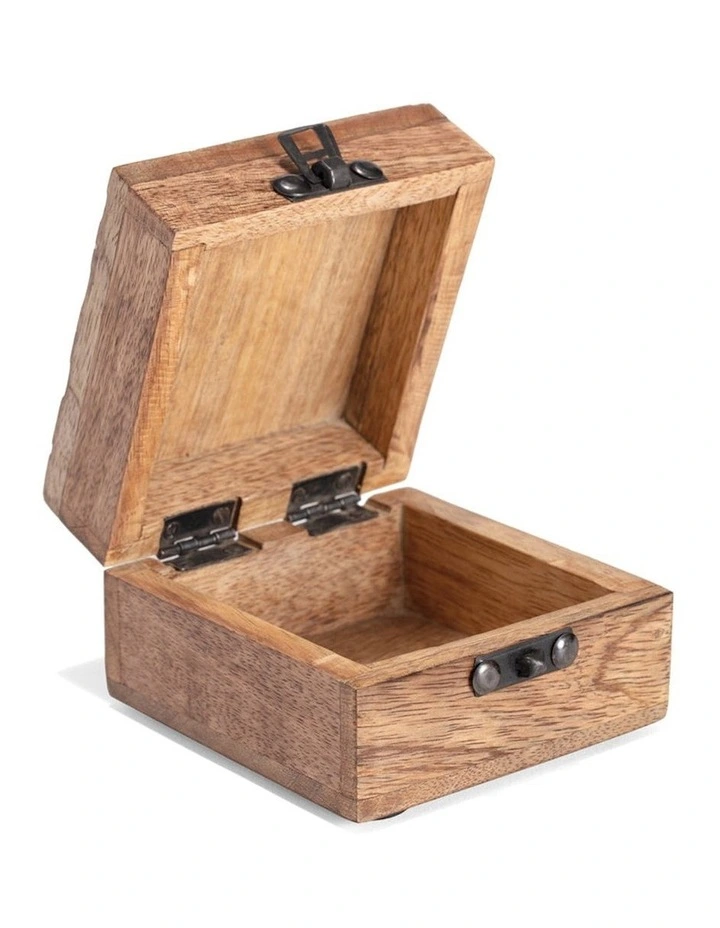Square Wood Carved Trinket Box with Brass Handle