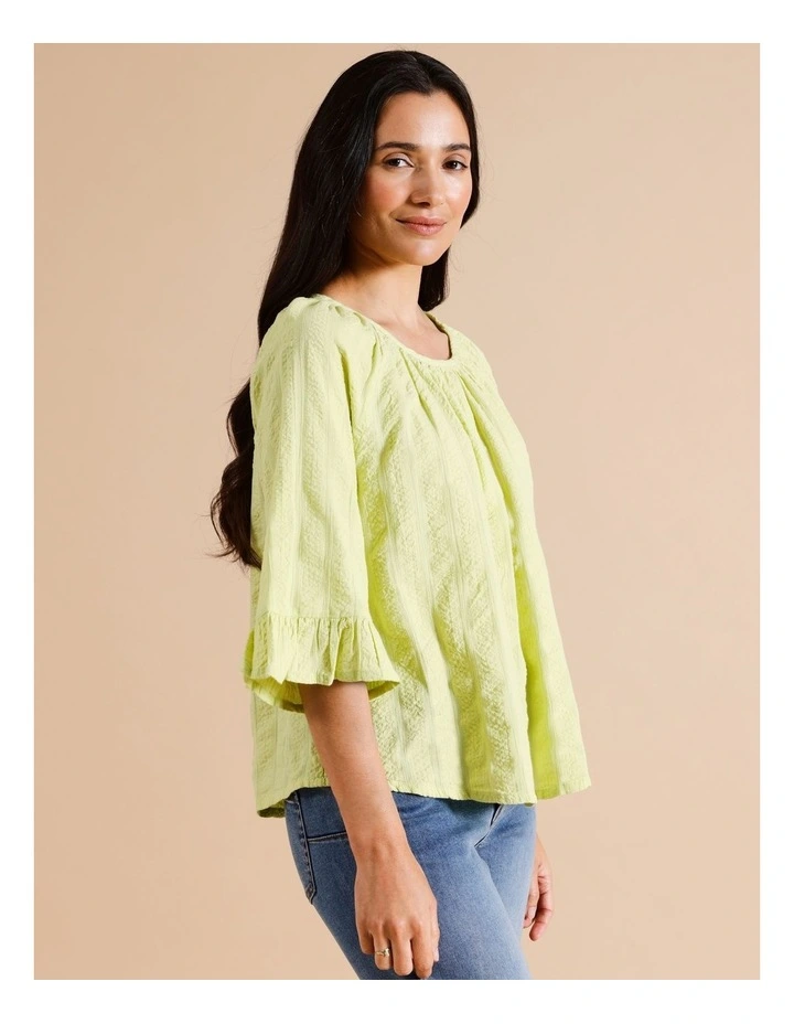 Short Frill Sleeve Top With Gathered Neck in Lime