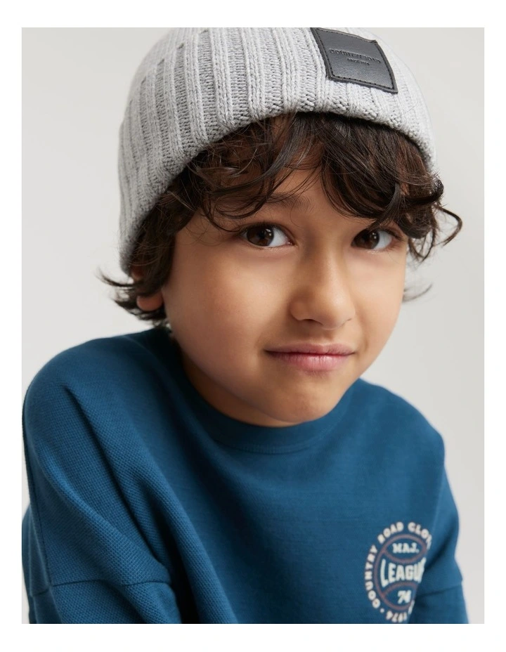 Organically Grown Cotton Blend Patch Logo Beanie in Light Grey Marle