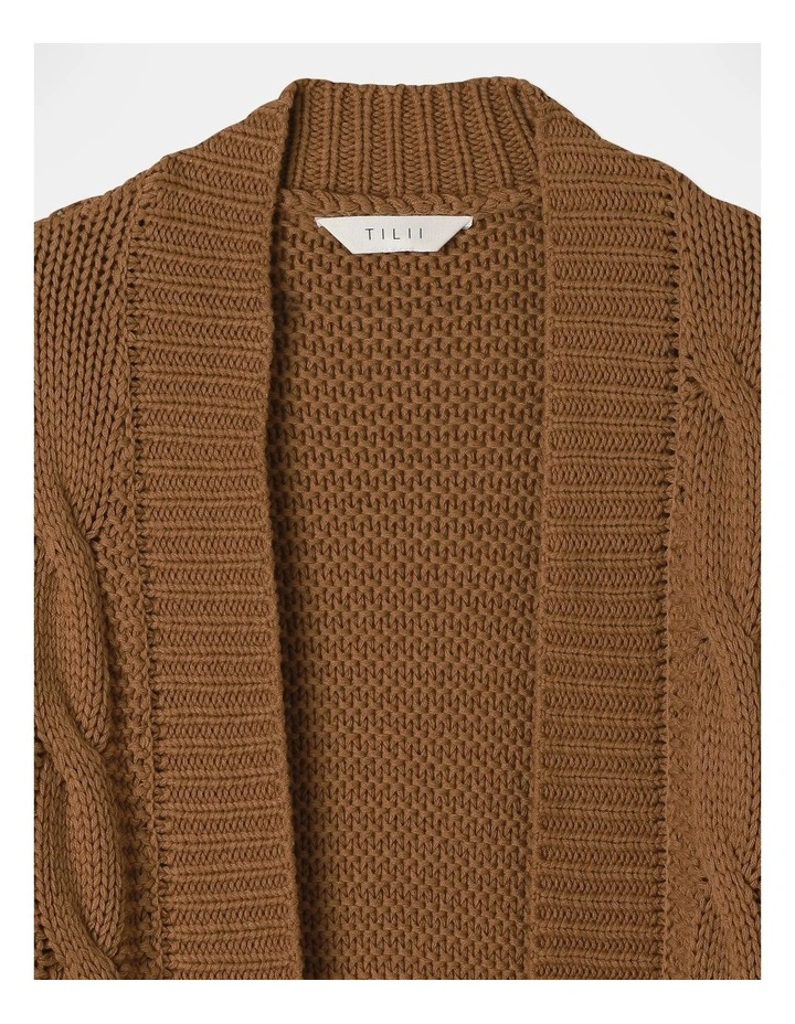 Knitted Long Line Cable Knit Cardigan in Tan