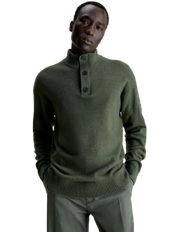 Lycra Blend Button Quarter Zip Knit Top in Green