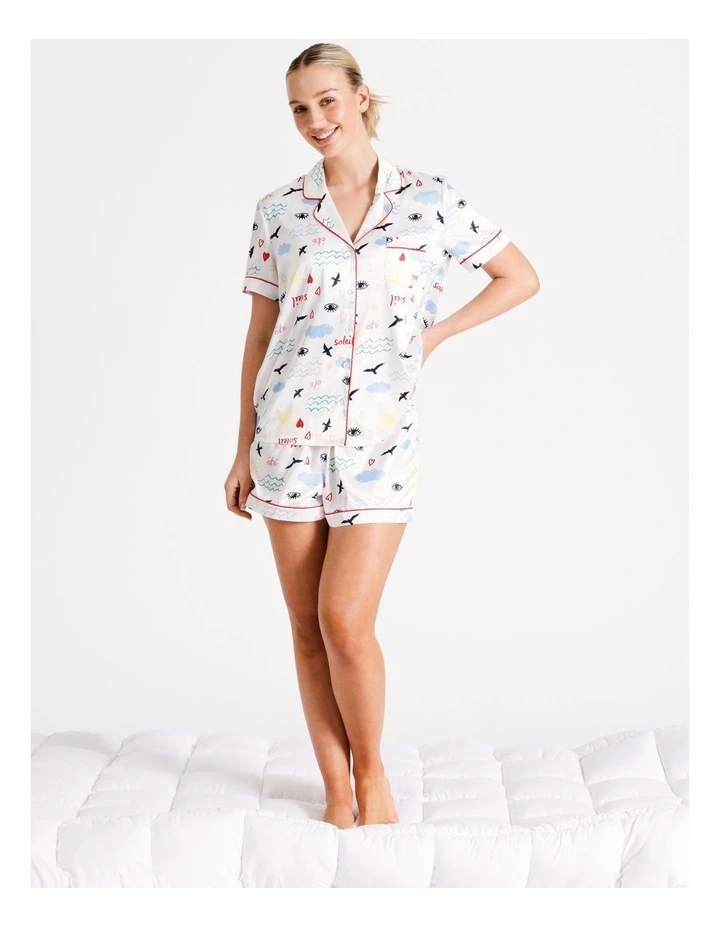 Printed Stretch Satin Short Sleeve PJ Set in Soleil Print