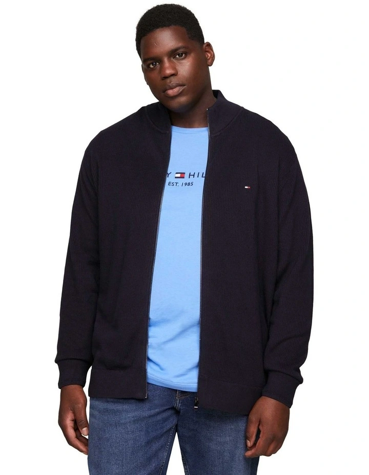 Big and Tall Chain Structure Zip Thru Knit Sweater in Navy