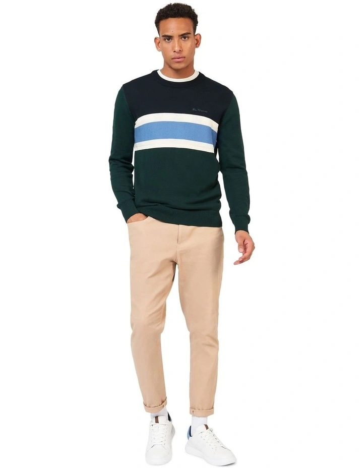 Chest Stripe Crew Knit Sweater in Green