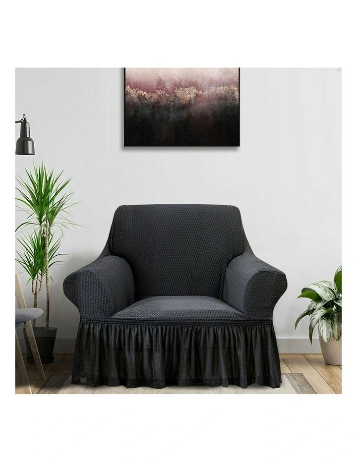 1-Seater Dark Grey Sofa Cover with Ruffled Skirt in Dark Grey