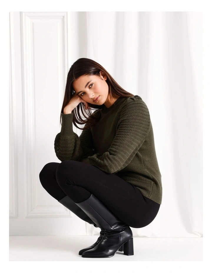 Organic Cotton Blend Sleeve Detail Knit Jumper in Khaki