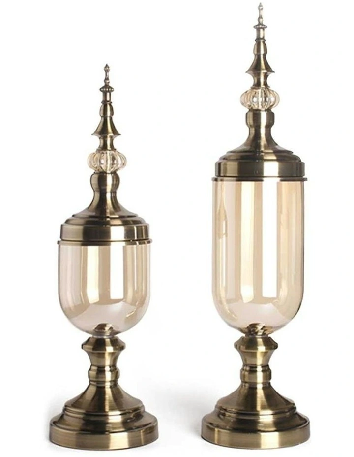 Clear Glass Flower Vase With Lid And Transparent Filler Bronze Set x2 in Multi