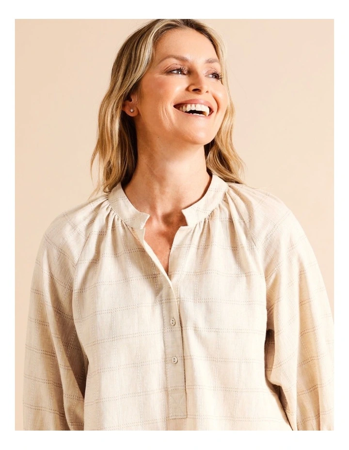 Organic Cotton Blend Stand Collar 3/4 Full Sleeve Top in Neutral Check