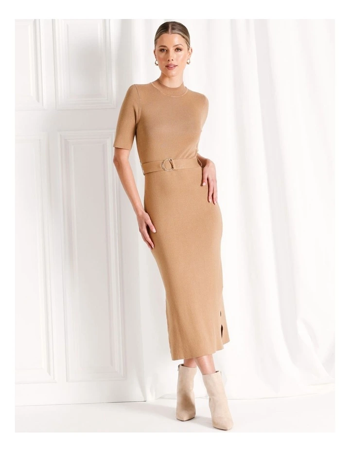 High Neck Short Sleeve Knit Midi Dress in Camel