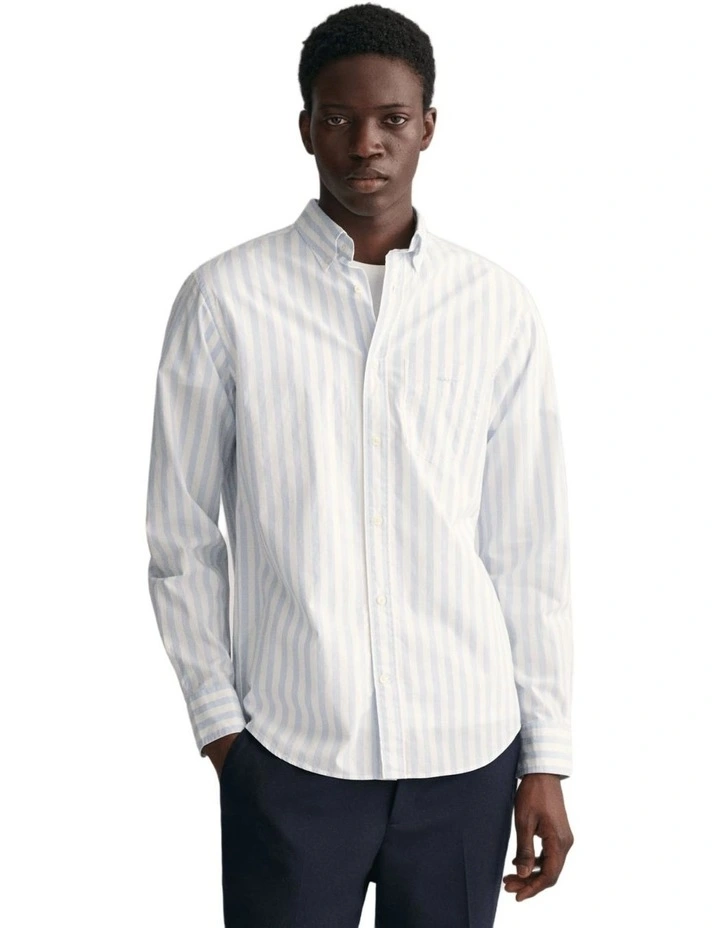Regular Fit Striped Poplin Shirt in Muted Blue