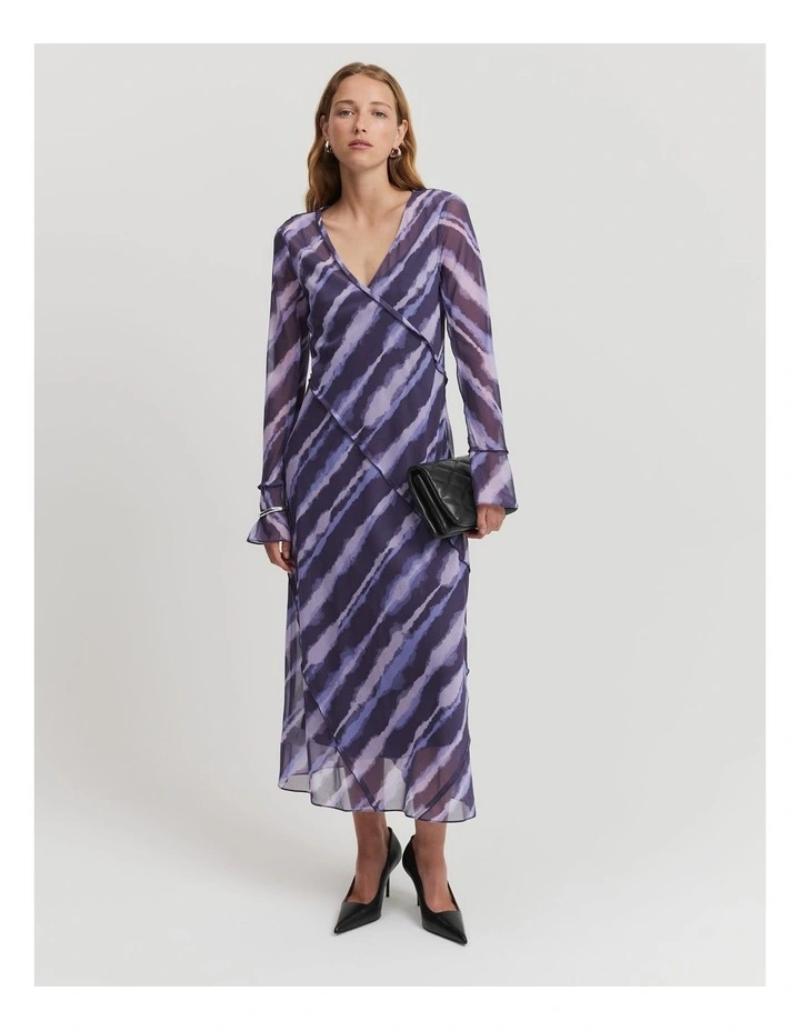 Print Georgette Midi Dress in Water Colour Stripe