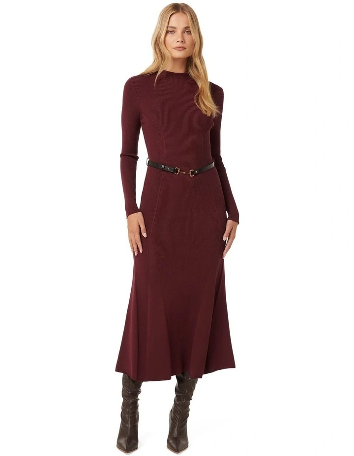 Lily Fluted Hem Knitted Dress in Burgundy