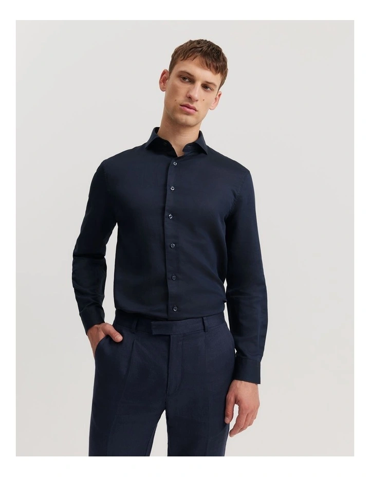 Tailored Fit Cotton Linen Shirt in Navy
