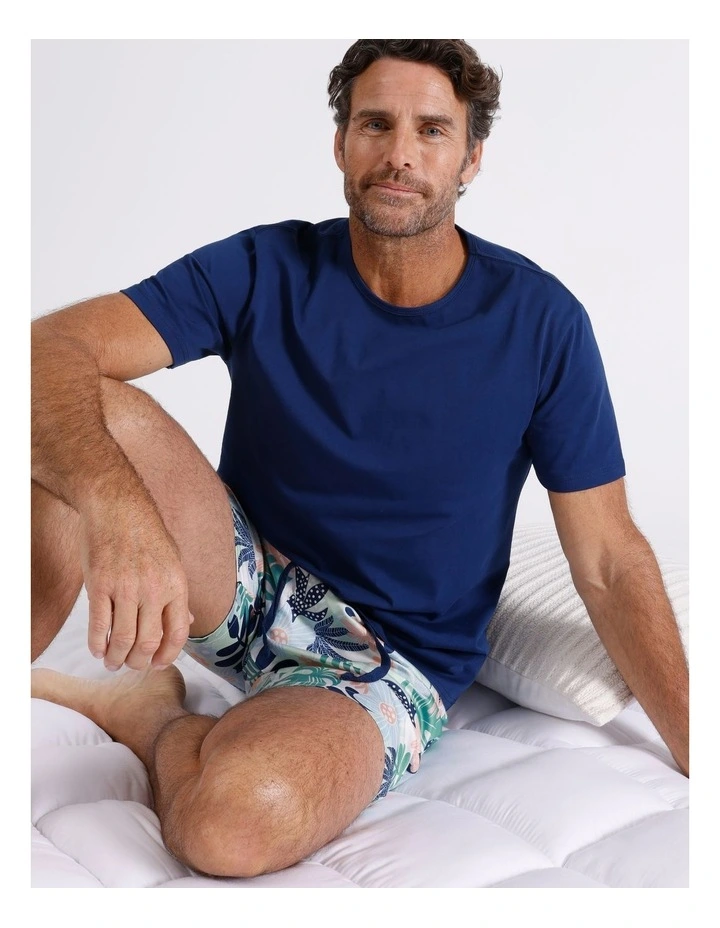 Short Sleeve Tee & Sateen Cotton Short PJ Set Tropics in Blue