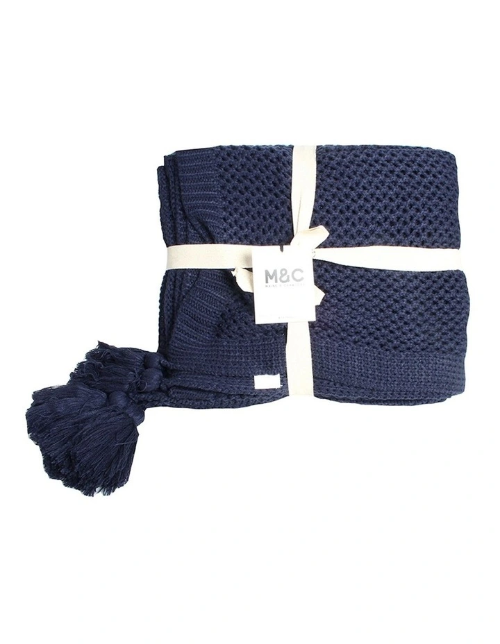 Hania Chunky Knit Throw Blanket With Tassels 152x127cm in Navy
