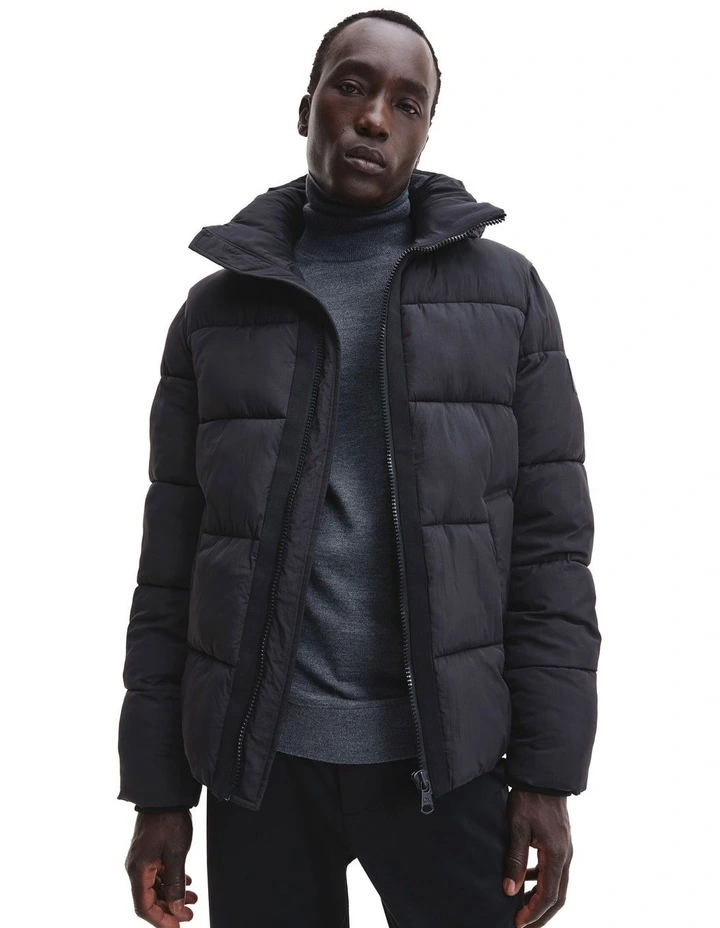 Crinkle Nylon Puffer Jacket in Black