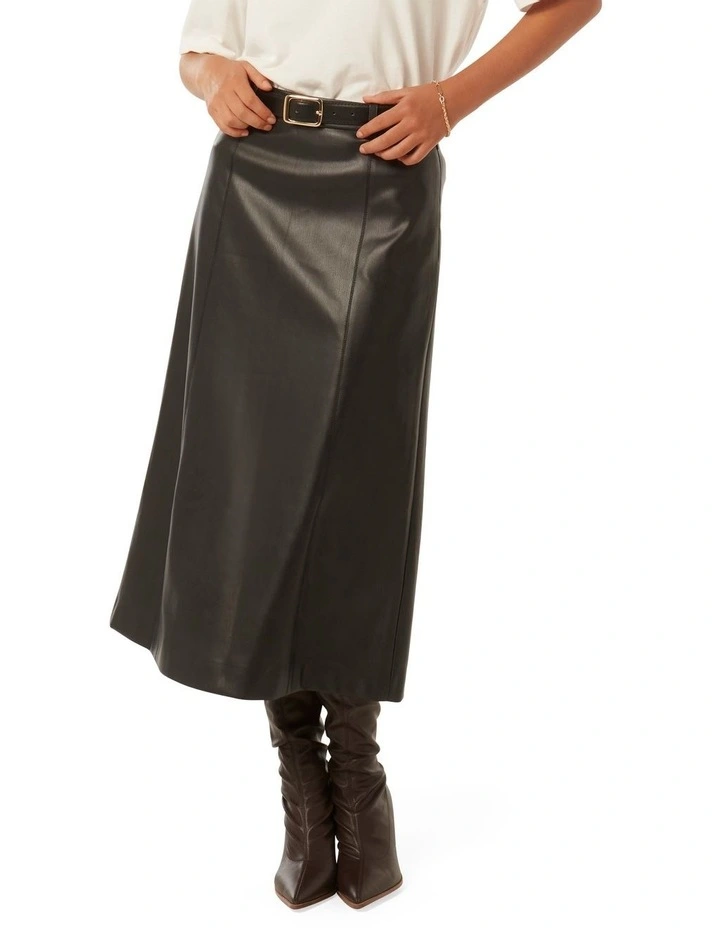 Katy Vegan Leather Belted Midi Skirt in Black
