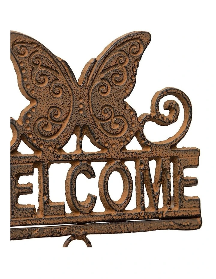 Butterfly Welcome Sign Hanging Bell in Distressed Brown