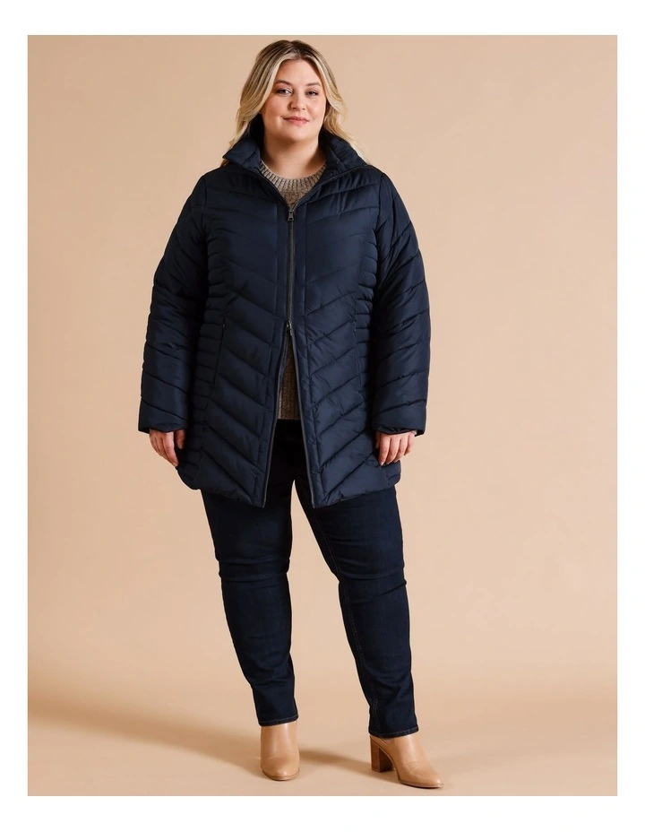 Recycled Polyester Longline Quilted Jacket With Fold Away Hood in Navy