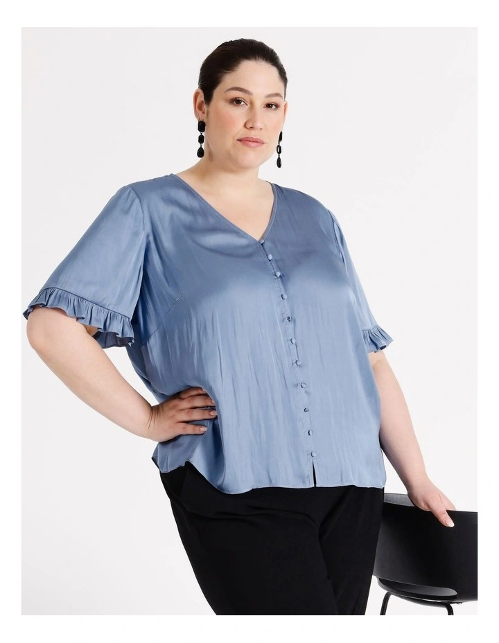 Frill Sleeve Button Front Top in Dusty Blue
