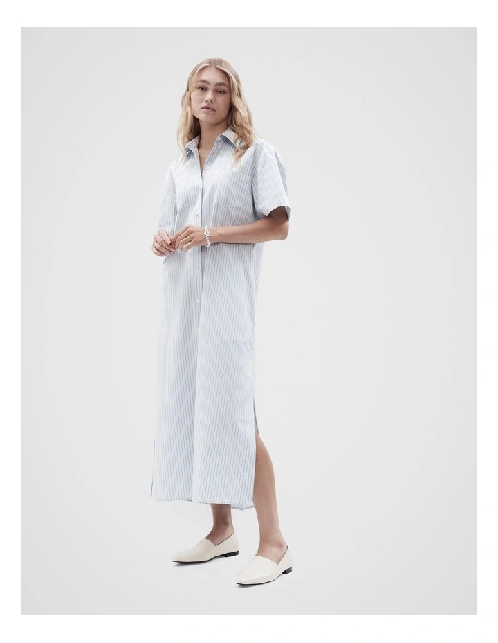 Cotton Shirt Maxi Dress in Soft Blue Stripe