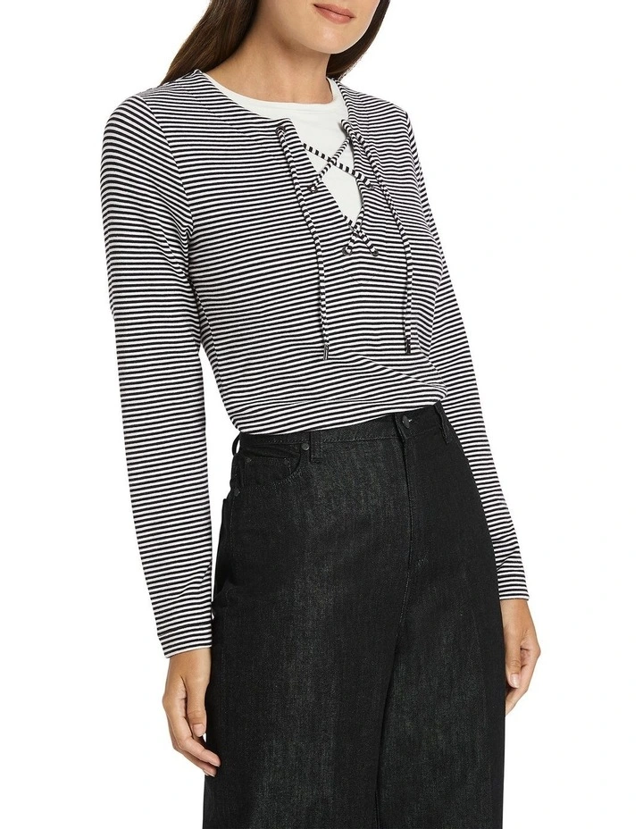 Striped Tie Neck Top in White