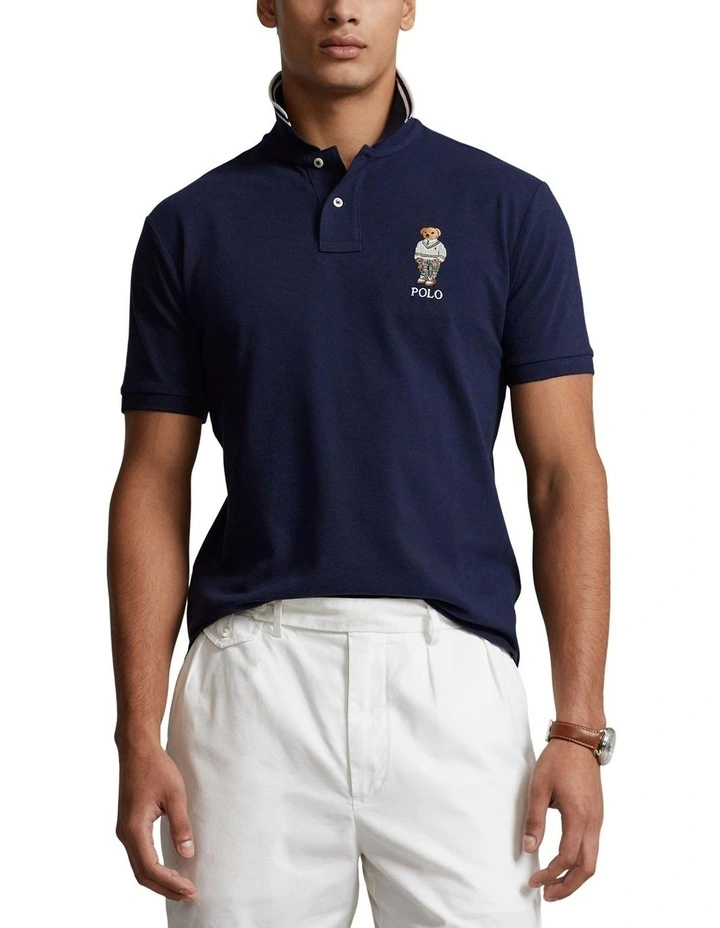 Custom Slim Bear Mesh Polo Shirt in Navy