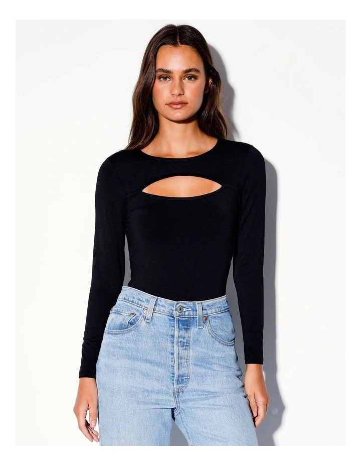 Recycled Blend Long Sleeve Cut Out Bodysuit in Black