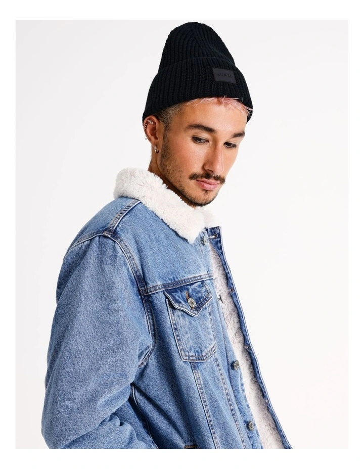 Turn Up Beanie with Rubber Patch in Black