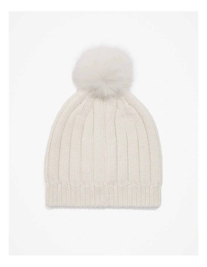 Organically Grown Cotton Blend Pom Pom Rib Beanie in Marshmallow