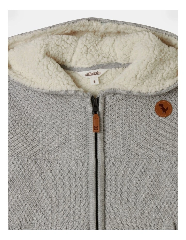Knitted Sherpa Lined Zip Thru in Grey Marle