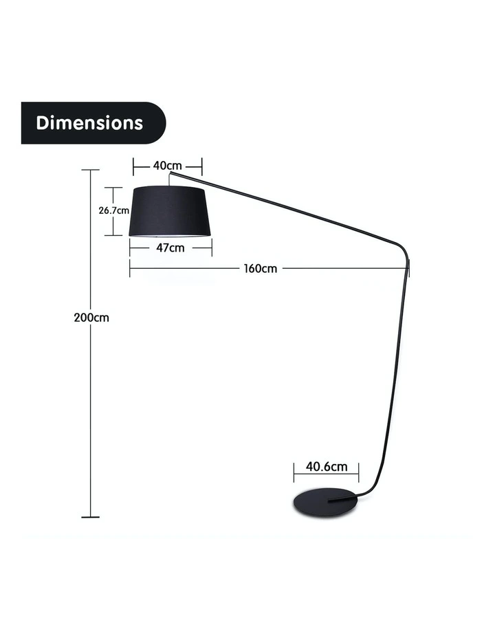 Metal Arc Floor Lamp In Black Finish Wih Linen Taper Drum Round Shade Black