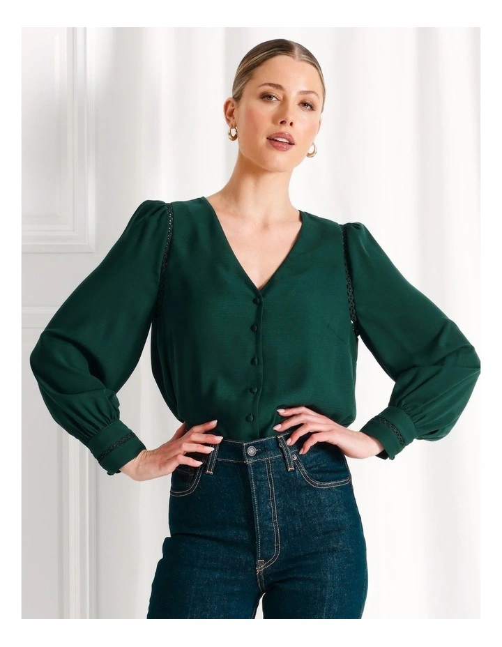 Lace Trim V-Neck Button Front Top in Dark Green