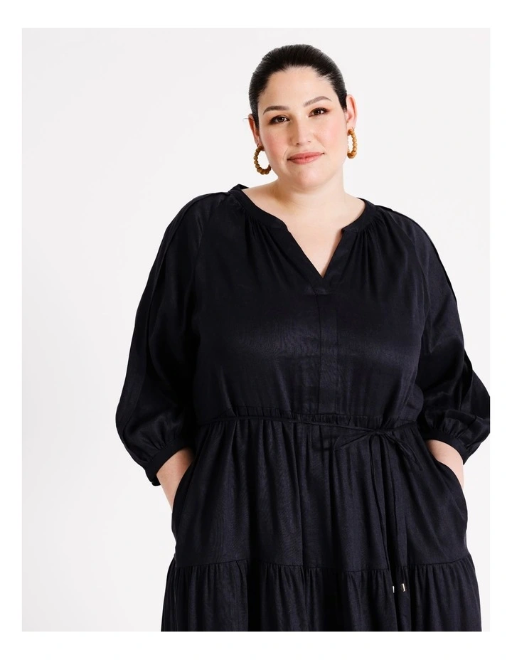 Linen Blend Tiered Midi Dress in Navy