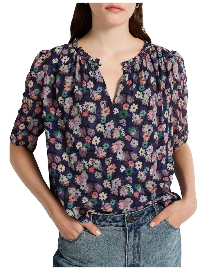 Drive Me Daisy Blouse in Navy Multi