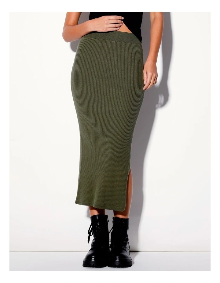 Organic Blend Knit Rib Midi Skirt in Khaki