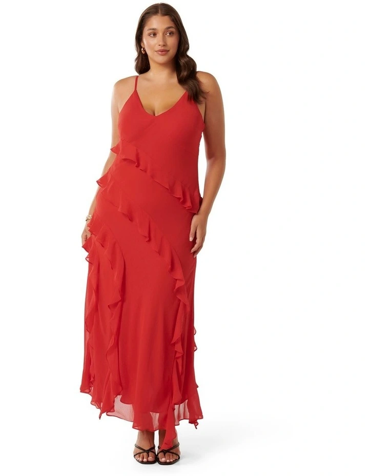 Poppy Asymmetrical Ruffle Gown in Red