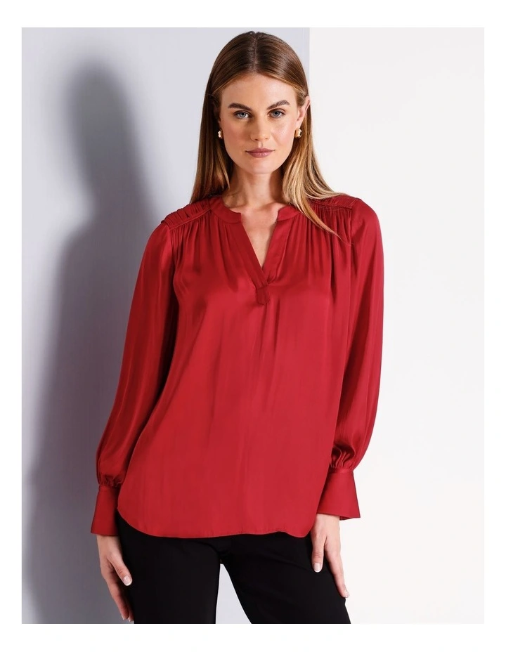 Recycled Polyester V Neck Satin Blouse in Red