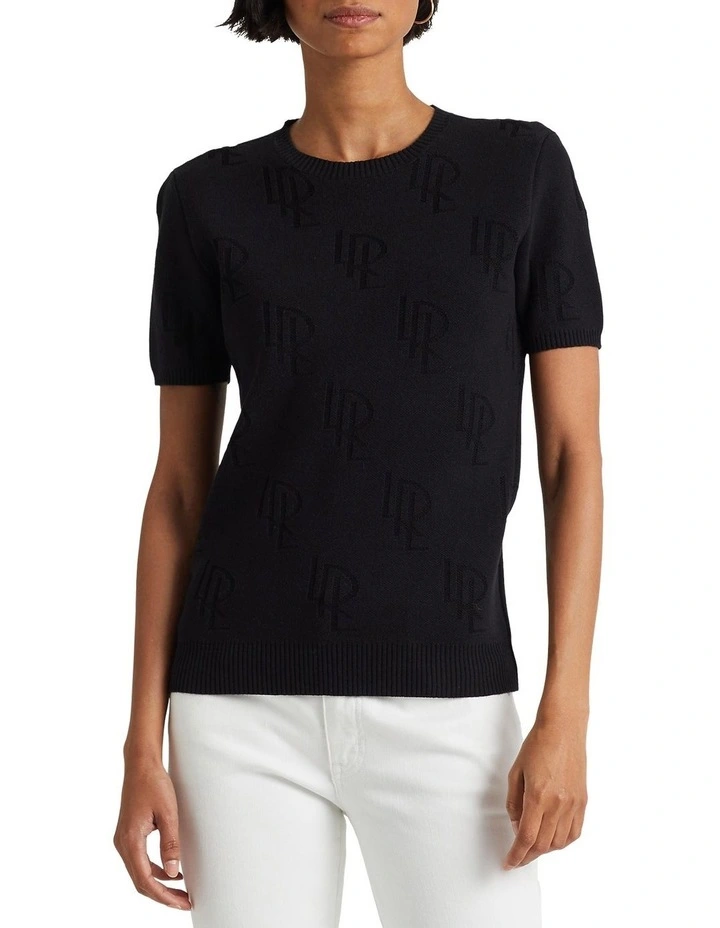 Monogram Jacquard Short-Sleeve Sweater in Black