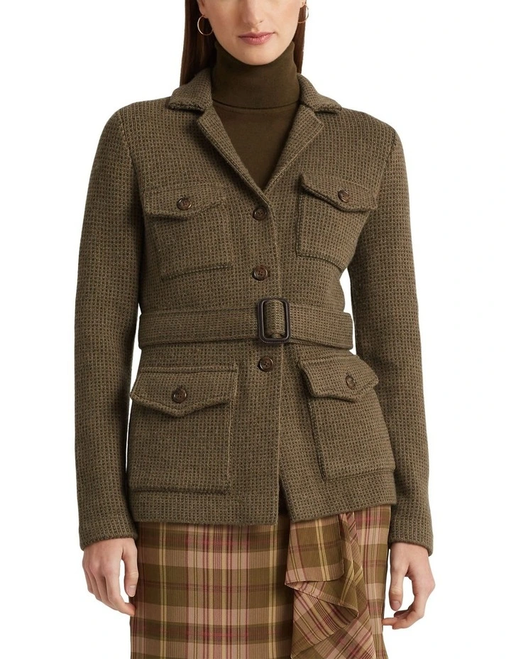 Belted Tweed Jacquard Blazer in Green