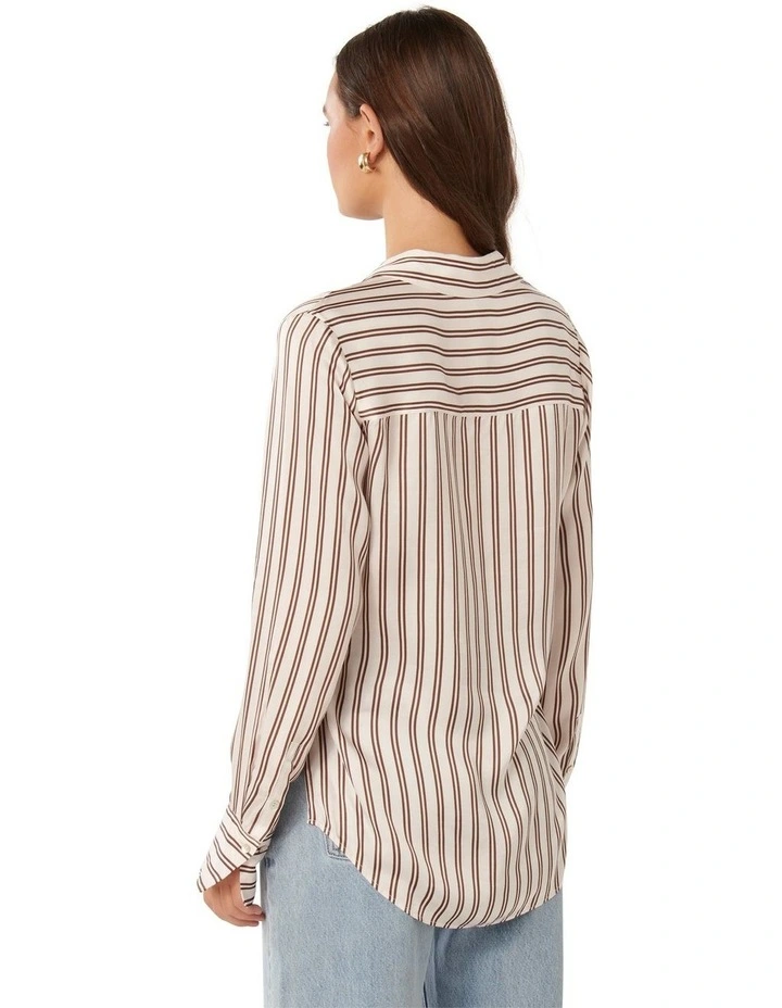 Harvey Notched Neck Satin Shirt in Brown stripe